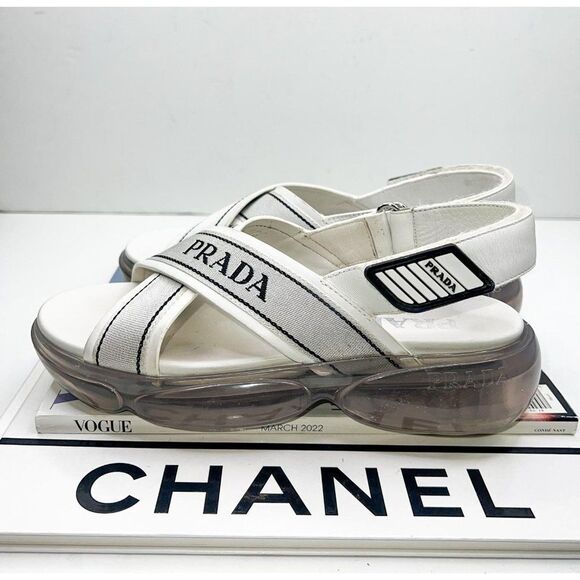 PRADA Cloudburst White Strappy 'Prada' Logo Platform Sandals Size EU37.5 - Picture 10 of 15